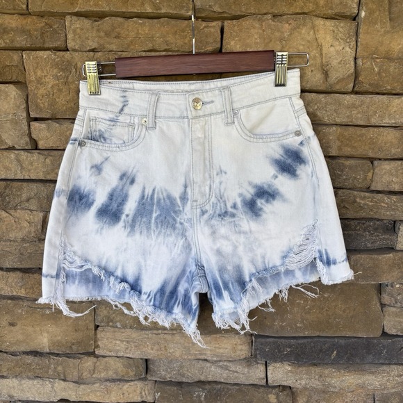 American Eagle Size 00 Highest Rise Mom Denim Shorts Tie Dye Distressed - Picture 1 of 7